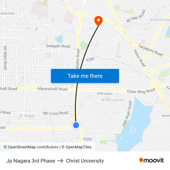 Jp Nagara 3rd Phase to Christ University map