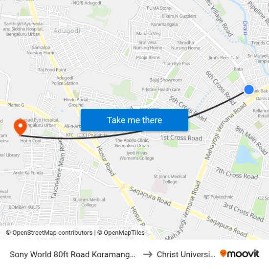 Sony World 80ft Road Koramangala to Christ University map