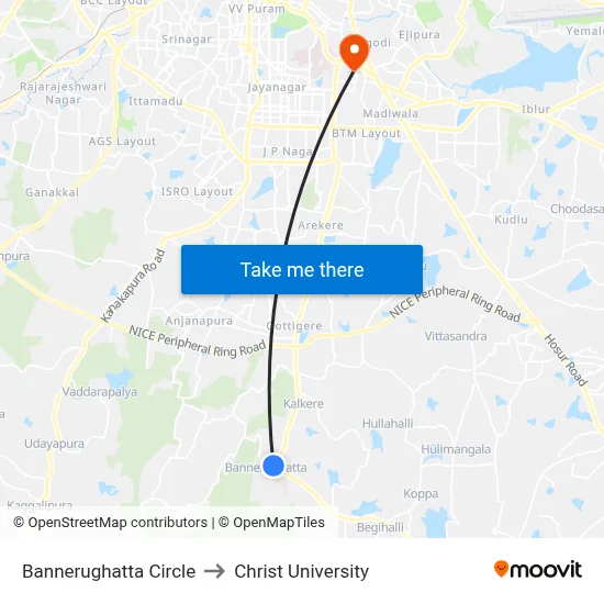 Bannerughatta Circle to Christ University map