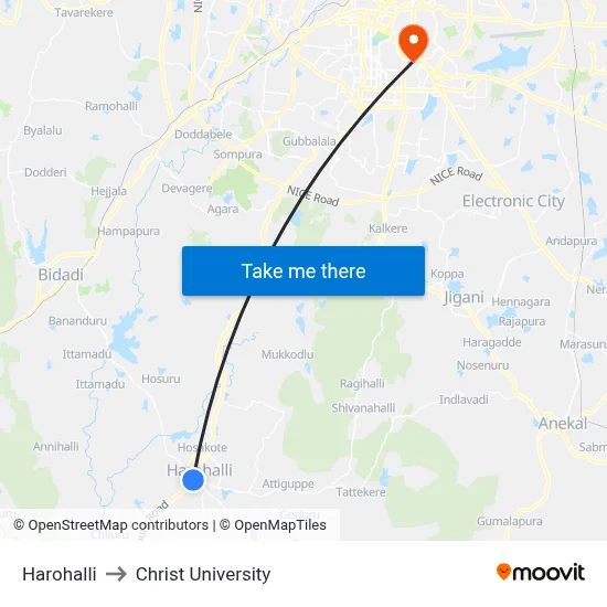 Harohalli to Christ University map