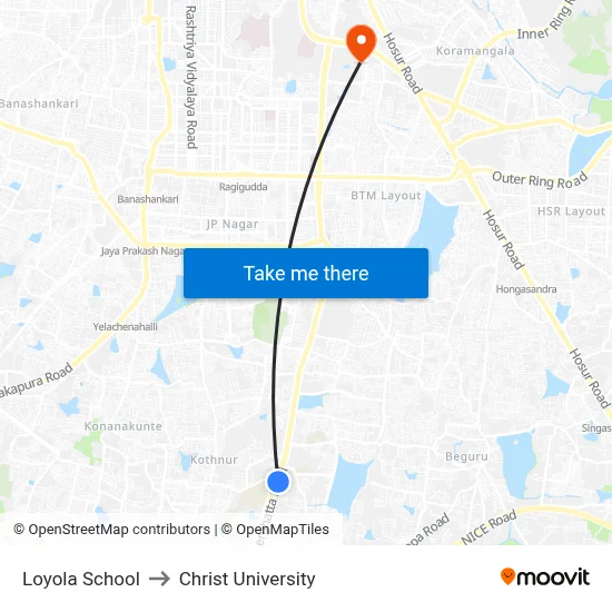 Loyola School to Christ University map