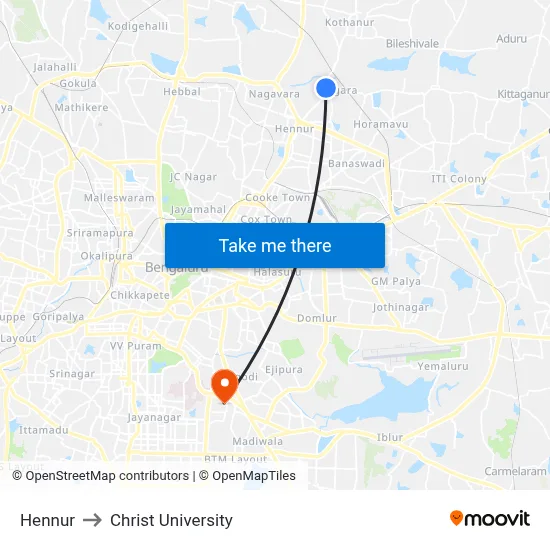 Hennur to Christ University map