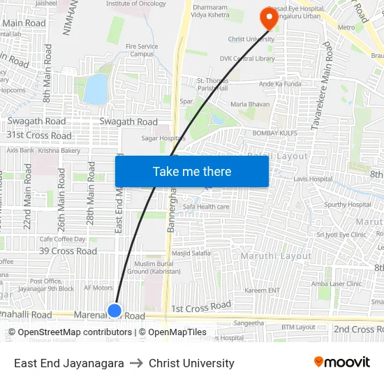 East End Jayanagara to Christ University map