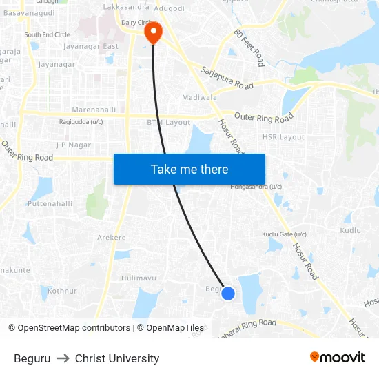 Beguru to Christ University map