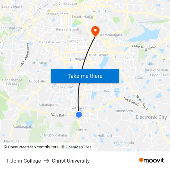 T John College to Christ University map