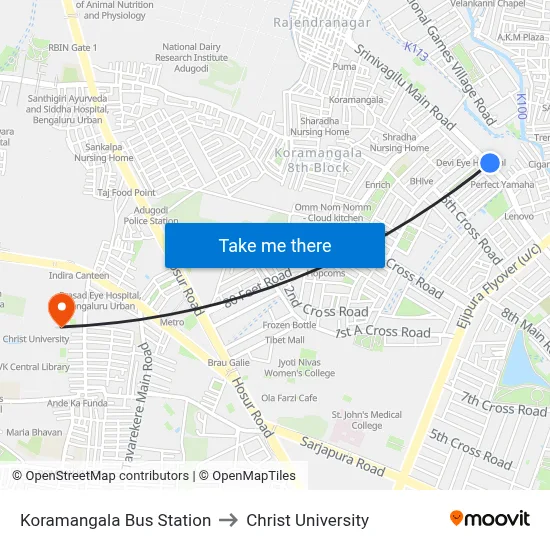 Koramangala Bus Station to Christ University map