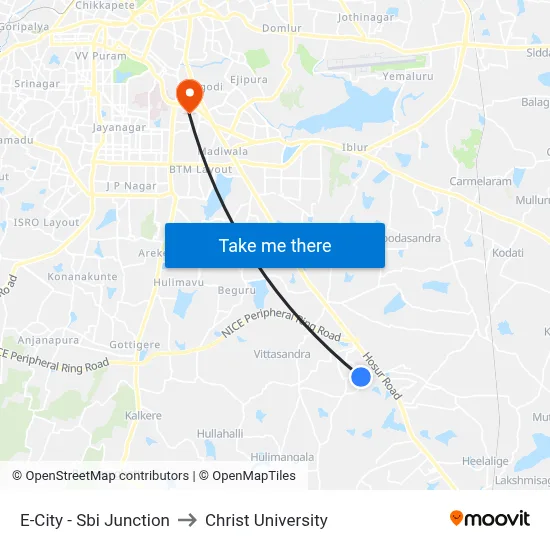 E-City - Sbi Junction to Christ University map