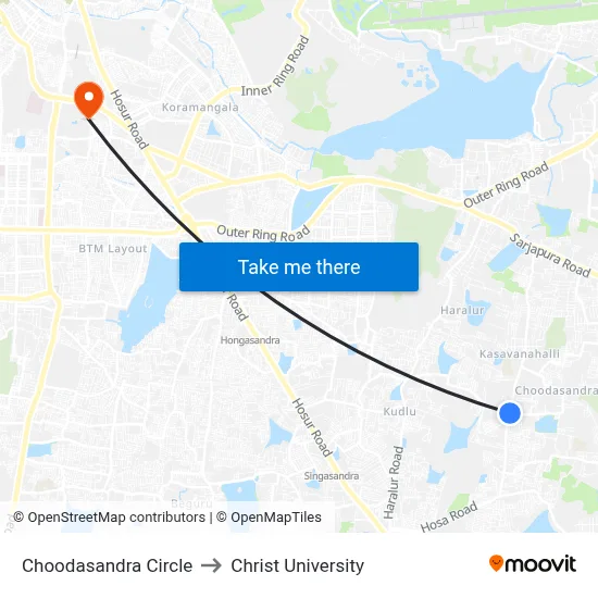 Choodasandra Circle to Christ University map