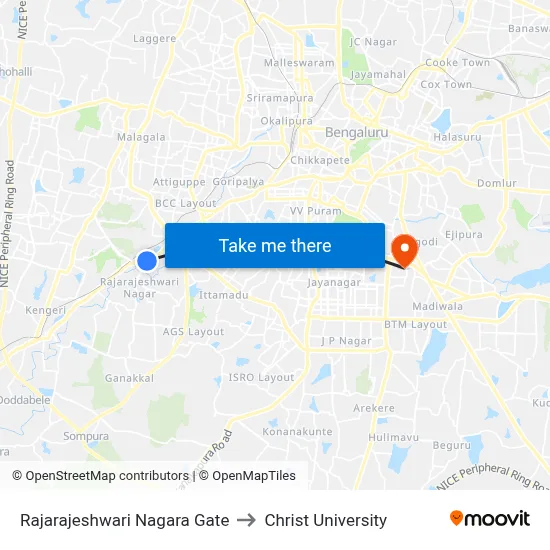 Rajarajeshwari Nagara Gate to Christ University map