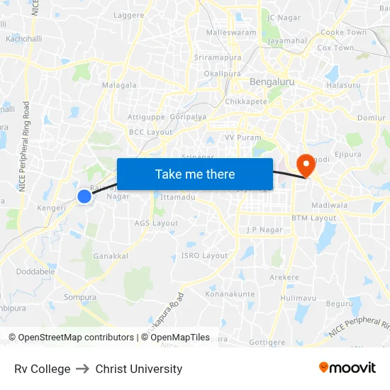 Rv College to Christ University map