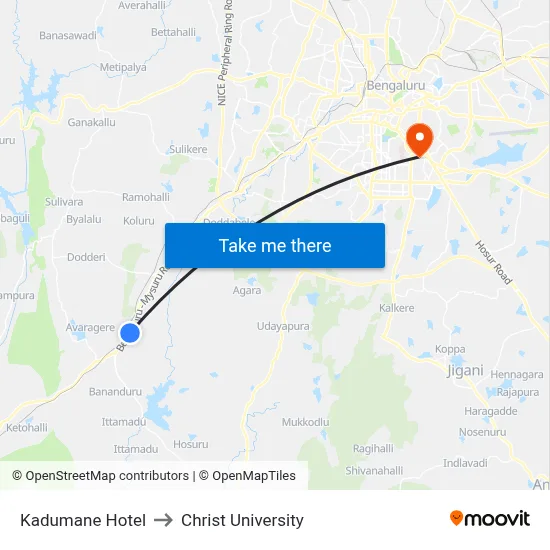 Kadumane Hotel to Christ University map