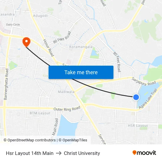 Hsr Layout 14th Main to Christ University map