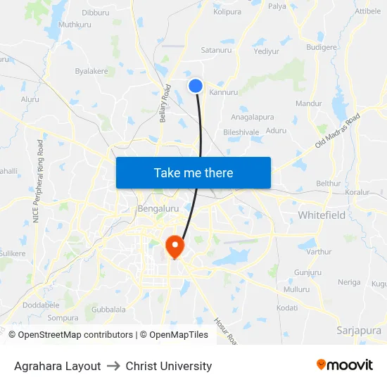 Agrahara Layout to Christ University map