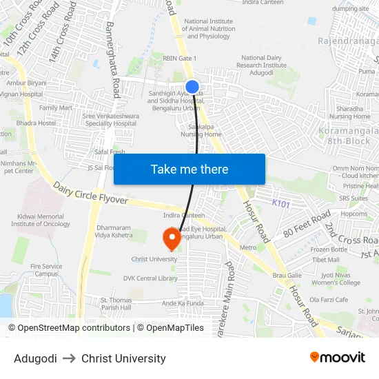 Adugodi to Christ University map