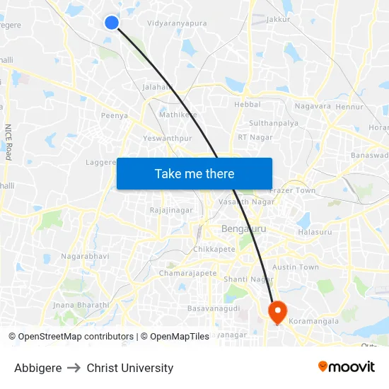 Abbigere to Christ University map