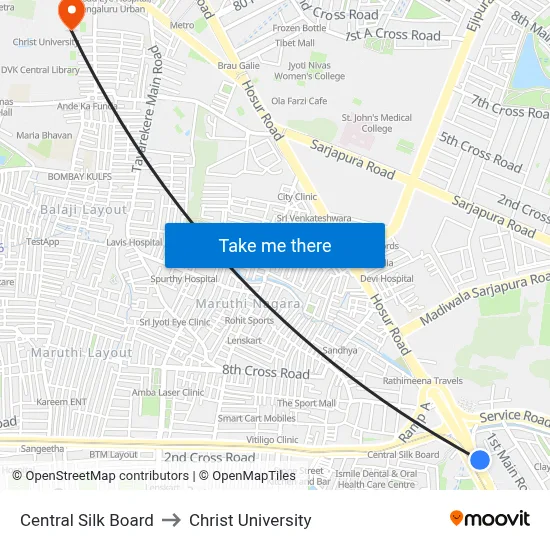 Central Silk Board to Christ University map