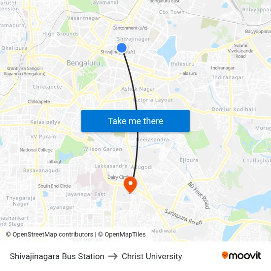 Shivajinagara Bus Station to Christ University map