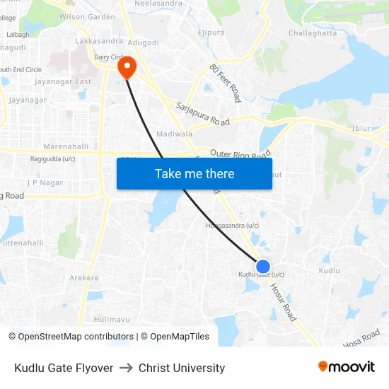 Kudlu Gate Flyover to Christ University map