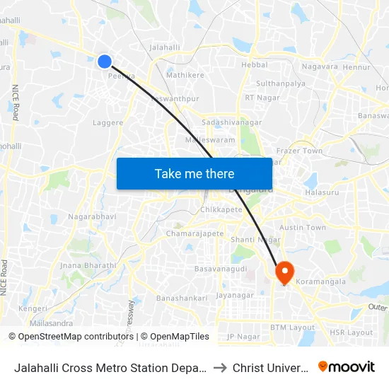 Jalahalli Cross Metro Station Departure to Christ University map