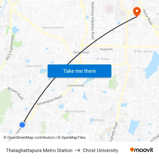 Thalaghattapura Metro Station to Christ University map