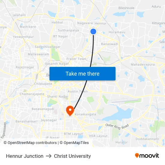 Hennur Junction to Christ University map