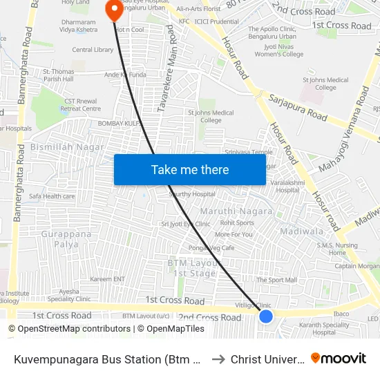 Kuvempunagara Bus Station (Btm Layout) to Christ University map