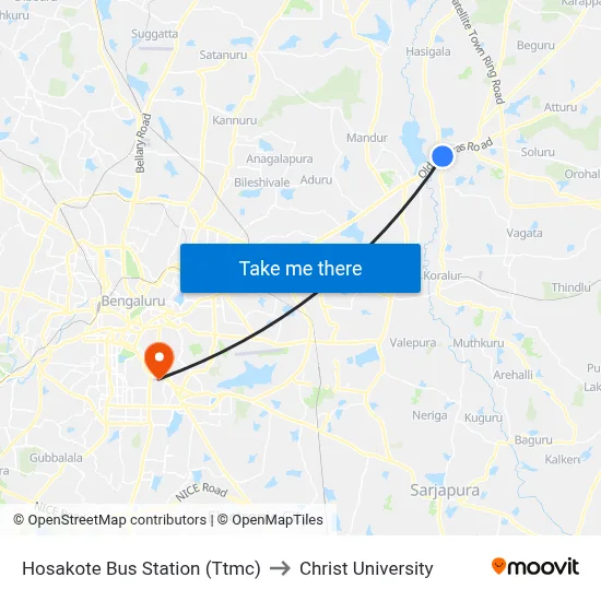 Hosakote Bus Station (Ttmc) to Christ University map