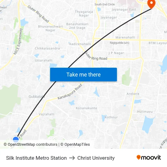 Silk Institute Metro Station to Christ University map