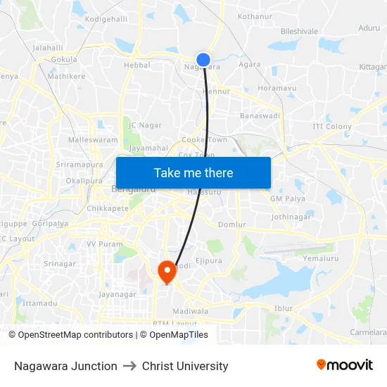 Nagawara Junction to Christ University map