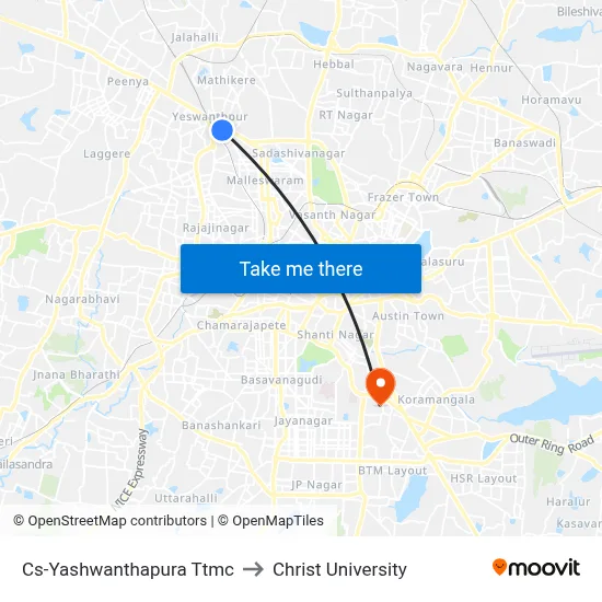 Cs-Yashwanthapura Ttmc to Christ University map
