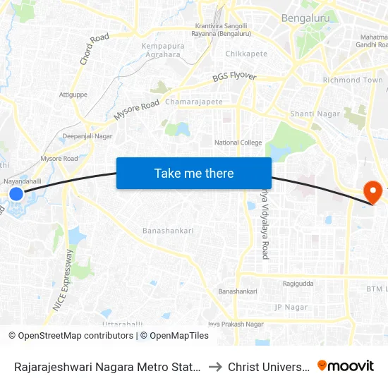 Rajarajeshwari Nagara Metro Station to Christ University map