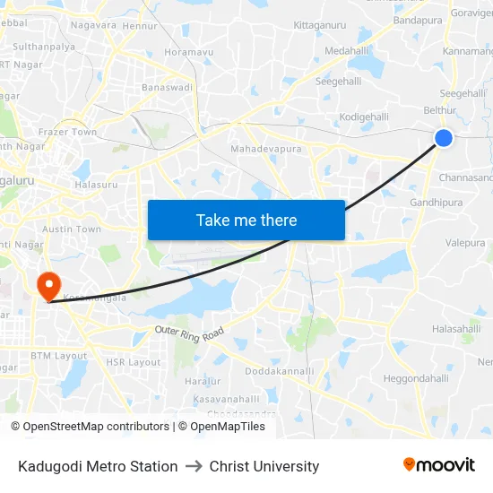 Kadugodi Metro Station to Christ University map