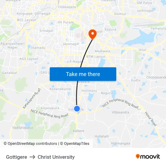 Gottigere to Christ University map