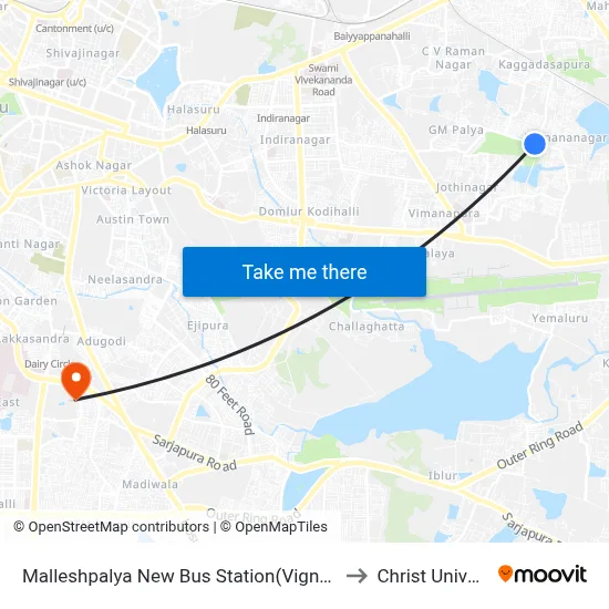 Malleshpalya New Bus Station(Vignananagar) to Christ University map