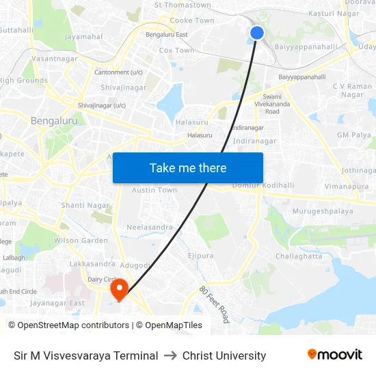 Sir M Visvesvaraya Terminal to Christ University map