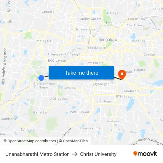 Jnanabharathi Metro Station to Christ University map