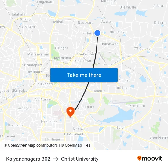 Kalyananagara 302 to Christ University map