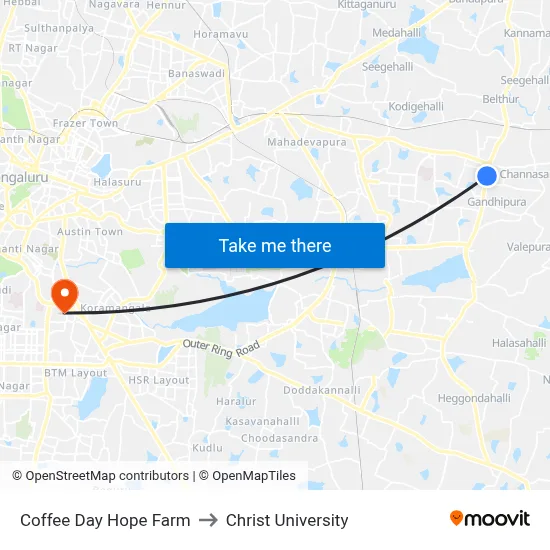 Coffee Day Hope Farm to Christ University map