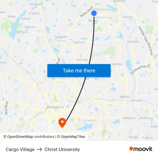 Cargo Village to Christ University map
