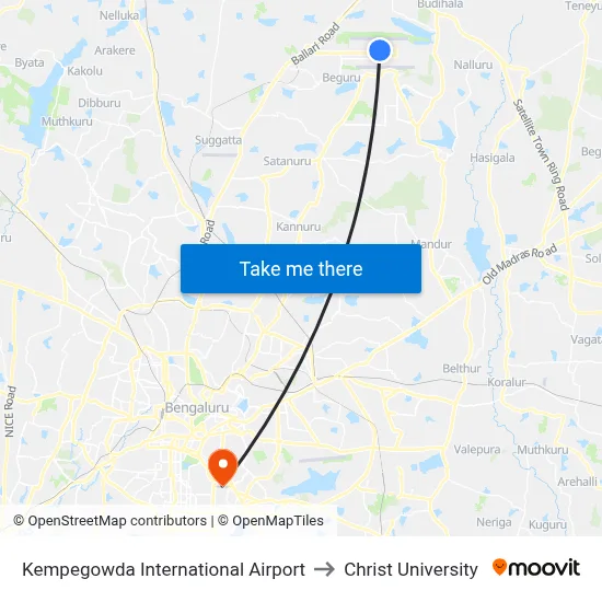 Kempegowda International Airport to Christ University map