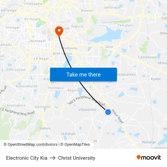 Electronic City Kia to Christ University map