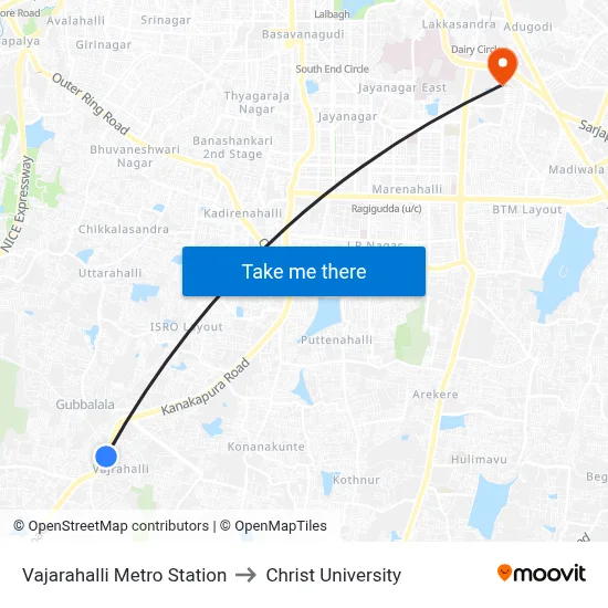 Vajarahalli Metro Station to Christ University map