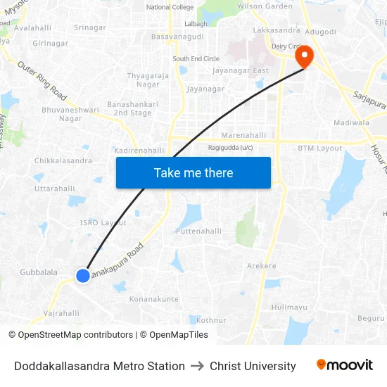Doddakallasandra Metro Station to Christ University map