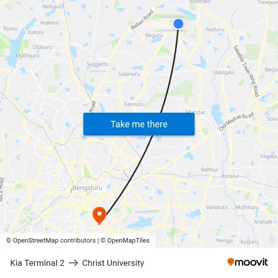 Kia Terminal 2 to Christ University map