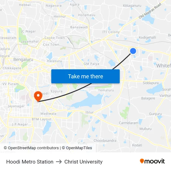 Hoodi Metro Station to Christ University map
