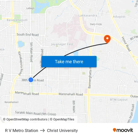 R V Metro Station to Christ University map