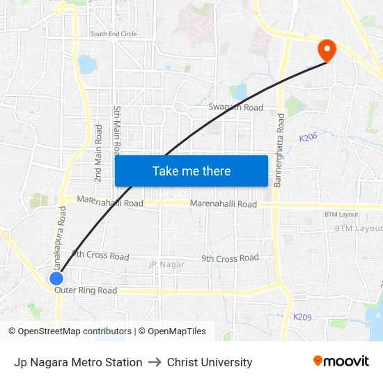 Jp Nagara Metro Station to Christ University map