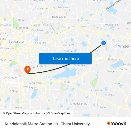 Kundalahalli Metro Station to Christ University map