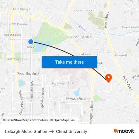 Lalbagh Metro Station to Christ University map