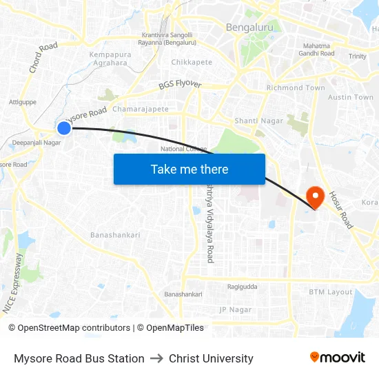 Mysore Road Bus Station to Christ University map